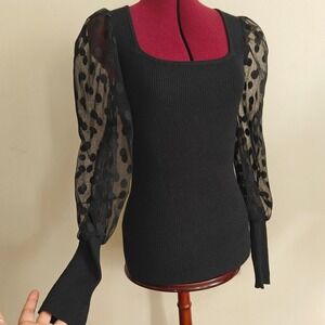 On Twelfth Womens Polka Dot Blouse Sheer Puff Sleeve Square Neck Sweater Top Med